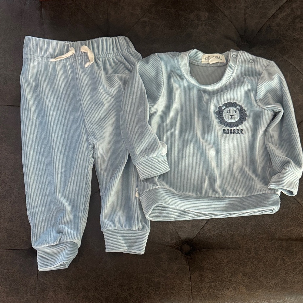 Light Blue Ribbed Kids Bottoms Set - Lion Roar Graphic
